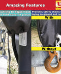 Ultra-Fab power jack cover on a trailer jack; left shows black fabric cover with chain, right shows rusted hook.