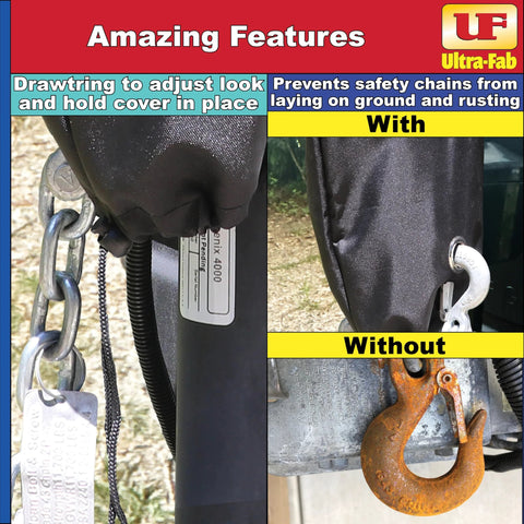 Ultra-Fab power jack cover on a trailer jack; left shows black fabric cover with chain, right shows rusted hook.