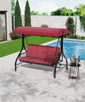Three Seat Outdoor Porch Swing With Stand 2 In 1 Convertible Lounger Bed, red cushions, by a poolside backyard garden