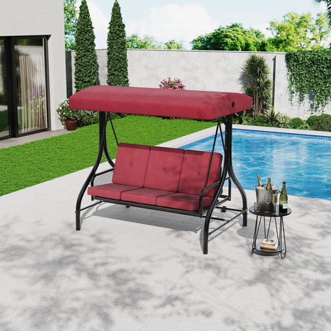 Three Seat Outdoor Porch Swing With Stand 2 In 1 Convertible Lounger Bed, red cushions, by a poolside backyard garden