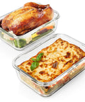 Large 63 Oz Glass Storage Set With Locking Lids, 8 Cup Containers, 4 Pack filled with chicken and lasagna in borosilicate glass