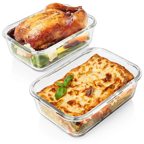 Large 63 Oz Glass Storage Set With Locking Lids, 8 Cup Containers, 4 Pack filled with chicken and lasagna in borosilicate glass