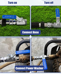 3/8 inch quick-connect valve kit high pressure in use with hose and power washer connectors, demonstrating turn on and off positions.
