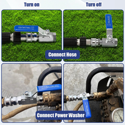3/8 inch quick-connect valve kit high pressure in use with hose and power washer connectors, demonstrating turn on and off positions.