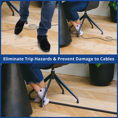 Close-up of person stepping over exposed cables and safely using 4 Foot Floor Cord Cover Black For Single Cable Hiding And Cable Management Cord Hider To Prevent Trips Wire Protector For Power Cords Ethernet And Speaker Cables On Open Floors Or Countertops.
