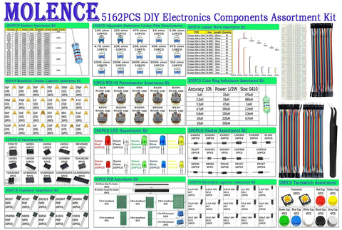 5162 Piece DIY Electronics Components Kit With Resistors Capacitors Inductors LEDs Diodes ICs PCBs Potentiometers Header Pins Jumpers Terminals Tact Switches And More For Prototyping Learning And Maker Projects visual overview.