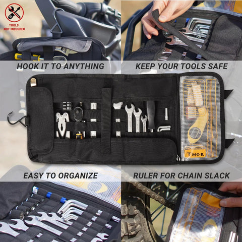 Compact Roll Up Motorcycle Tool Bag With MOLLE Strap For Grab-And-Go Kit displaying organized tools and attachment features.