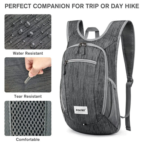Lightweight Packable Hiking Daypack 10L/15L Foldable Outdoor Backpack For Travel And Day Hikes shown with water and tear resistance