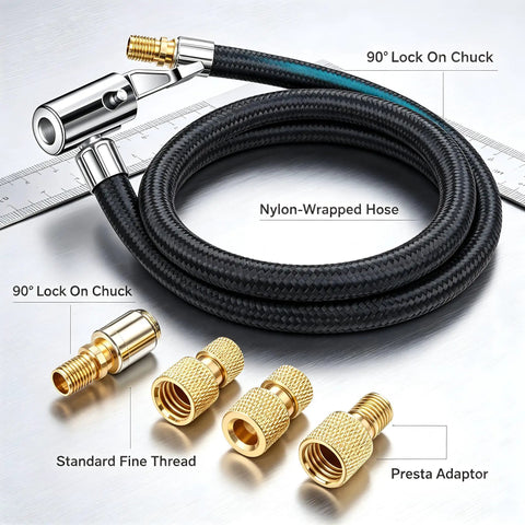 20 Inch Tire Inflator Hose With Lock Air Chuck Convert Nuts Presta Adaptor For Air Comp Schrader Converts To Lock Connection, nylon wrapped