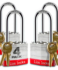 4 pack of Lion locks with keys, hardened steel shackle, visible branding, for security use