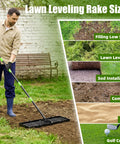 Person using Lawn Leveling Rake 30x10 Built Tough With Anti Flip Design, Heavy Duty Soil Leveler Tool in garden setting.