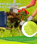 Gardener using blue 2L Handheld Spreader Set With Adjustable Dial And 7 Opening Modes For Seeds Fertilizer Salt And More