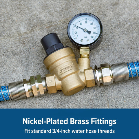Camco adjustable brass RV/marine water pressure regulator with gauge and 3/4-inch hose fittings