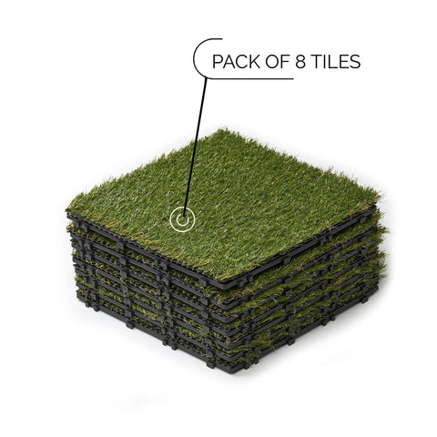 Stack of 8 interlocking artificial grass tiles for outdoor decking and indoor decor, 11.8 inches square, side view.