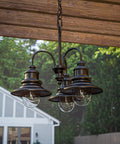 Broadcast 3 Light Outdoor Chandelier In Oil Rubbed Bronze With Copper Highlight Finish For Rustic Coastal Industrial Vibe On Patios And Decks, 18 Inch Tall By 21 Inch Wide By 21 Inch Deep hanging from wooden pergola