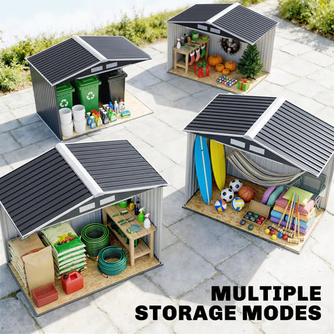 Overhead view of four 7x4 outdoor metal storage sheds, showing diverse storage uses with sloped roofs and double lockable doors.