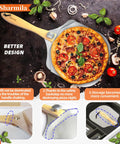 12 Inch Aluminum Pizza Peel With Foldable Wooden Handle holding pizza, includes rocker cutter and metal spatula, home oven use