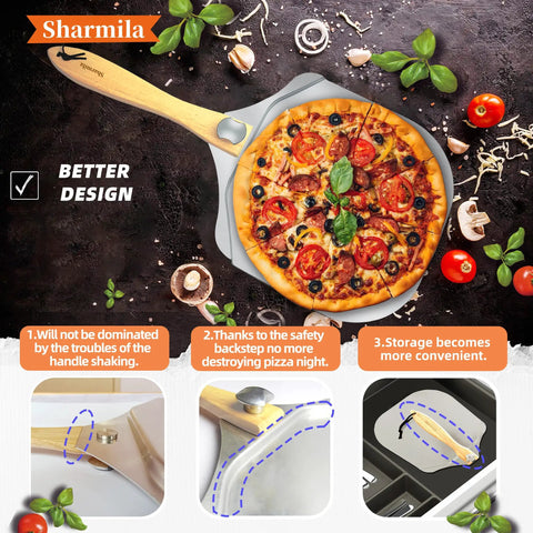 12 Inch Aluminum Pizza Peel With Foldable Wooden Handle holding pizza, includes rocker cutter and metal spatula, home oven use