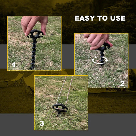 Easy to use Heavy Duty Screw In Tent Stakes 9.4 Inch Ground Anchors 6 Pack being secured into grass