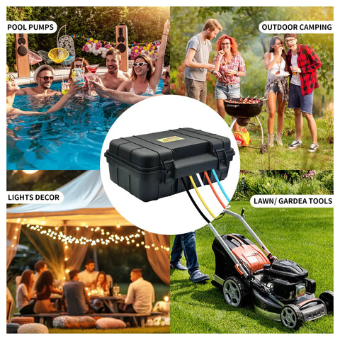 Heavy Duty Outdoor Electrical Box With Tough As Nails IP54 Rain Cover To Keep Your Power Strips Timers And Extension Cords Safe From Wild Weather While Keeping Your Yard Gear Locked And Loaded Year Round In Smooth Black on display in outdoor settings.