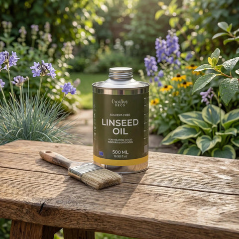 Natural Linseed Oil Wood Protector And Clear Varnish 500 Ml can with a paintbrush on wooden table in garden setting.