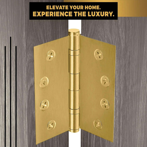 Built Tough Heavy Duty Ball Bearing Door Hinge Set 4x4 Inch Solid Brass Hinges Satin Brass Finish 12 Pack shown on wood door