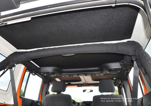 Boom Mat black sound-deadening headliner installed in 4-door Jeep Wrangler JL