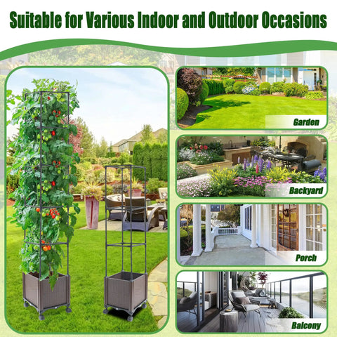 Raised Garden Bed Planter Box With Trellis 62.2 Inch Self Watering Tomato Planter for outdoor patio; shown in garden, backyard, porch.