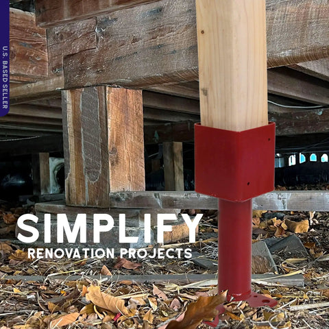 Adjustable Screw Jack Post 14.5-18.5 In For 4x4 Beams in crawlspace, red non-permanent structural support visible.