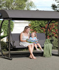 Mother and child sitting on All Weather Porch Swing With Canopy And Stand For Outdoor Relaxing 3 Person Patio Swing Bed With Cushions Grey
