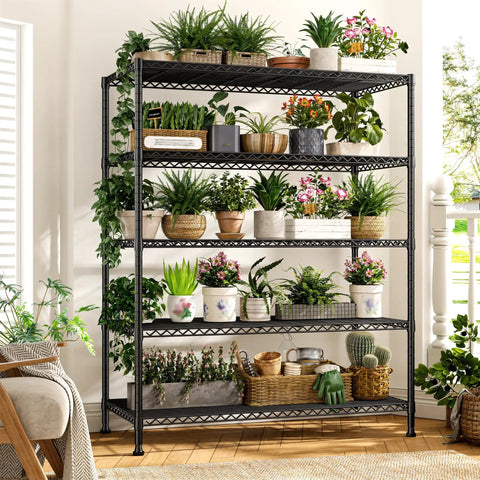 Five Tier Heavy Duty Wire Storage Shelves For Garage, Space Saving Unit With 1000 Lbs Capacity, Wide 45.8 Inch Shelving Rack, Easy Move Through Doorways, Sturdy Metal Garage Organizer For Tools, Supplies, And More, black metal plant shelf in bright room