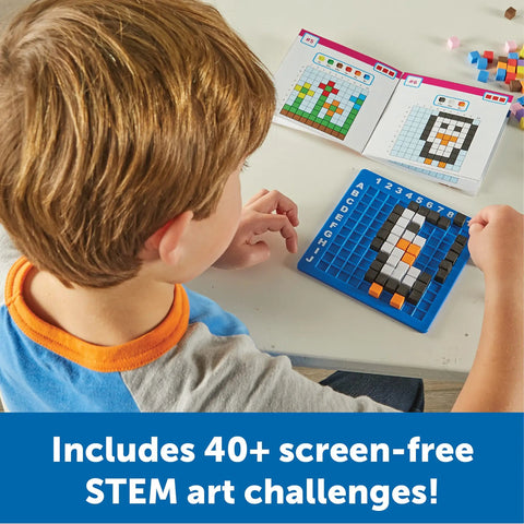 Child creating art with STEM Explorers Pixel Art Challenge Kit For Kids Kid Approved 40 Hands On Science And Math Activities Pattern Blocks
