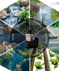 5,500 GPH Submersible Pond Pump With Hybrid Drive for Waterfalls And Skimmers, shown with various water features
