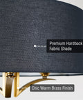 Close-up of Alondra 20 Inch Modern Drum Gold Chandelier With Large Black Linen Shade showing fabric and warm brass details.