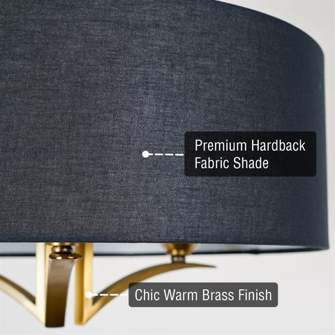 Close-up of Alondra 20 Inch Modern Drum Gold Chandelier With Large Black Linen Shade showing fabric and warm brass details.