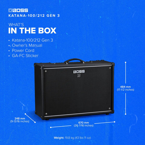 Katana Gen 3 100 Watt Guitar Amp Combo with 12 Inch Speakers, front view, with BOSS logo and dimensions displayed.