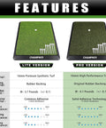 Features of Premium Synthetic Turf Golf Hitting Mat with Heavy Duty Rubber Base and 16mm true surface in Lite and Pro versions.