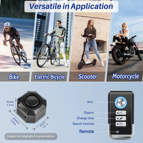 USB Rechargeable Bike Alarm With Remote Wireless Motion Sensor Anti Theft System for Bikes, E-Bikes, Scooters, Motorcycles display.