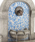 Close-up of 30 1/4 Inch High Outdoor Blue Faux Stone Floor Fountain With Freestanding Waterfall, Tiered Cascading Water Feature.