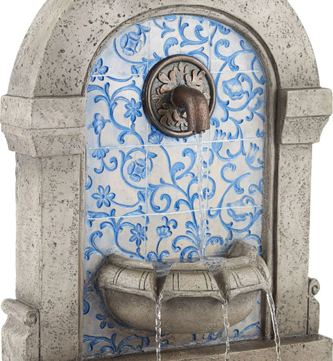 Close-up of 30 1/4 Inch High Outdoor Blue Faux Stone Floor Fountain With Freestanding Waterfall, Tiered Cascading Water Feature.