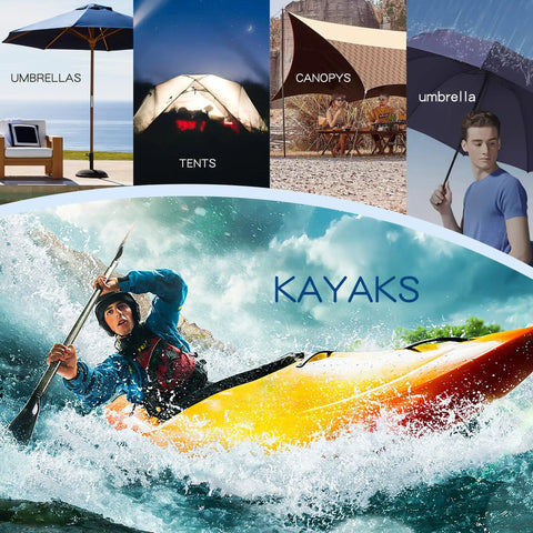 Collage of outdoor adventure images featuring umbrellas, tents, canopies, umbrellas, and a person kayaking.
