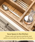 Pro Chef Grade Stainless Steel Measuring Cups And Spoons Set Of 12 For Dry And Liquid neatly stored in a kitchen drawer