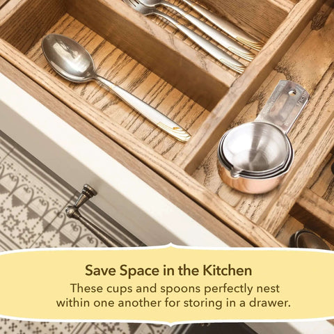 Pro Chef Grade Stainless Steel Measuring Cups And Spoons Set Of 12 For Dry And Liquid neatly stored in a kitchen drawer