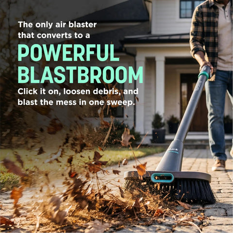 BlastBoss Beast Mode All In One Air Blasting System With BlastBroom And Precision Nozzle For Indoor And Outdoor Cleaning Extension Wand 0 To 190 MPH Airflow Cordless Handheld Blower Rechargeable Charcoal Finish AB2111 used on driveway leaves
