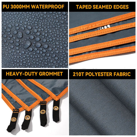 Close-up of Ultralight Tent Footprint Ground Sheet With PU3000mm Waterproof Coating showing droplets, taped edges, grommets, and fabric.