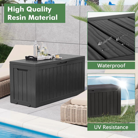 Durable Resin Wood Look Outdoor Storage Box With Lockable Lid, Weatherproof 85 Gallon Deck Box for patio next to pool