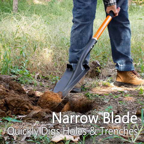 Person using Beefy Heavy Duty Digging Shovel With Fiberglass Handle For Gardening to dig trench in rocky soil