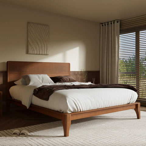Queen Size Bamboo Platform Bed Frame With Tall Headboard Packed With Upgraded Metal Support Legs For Unbreakable Stability And A Sleek Rustic Look That Brings Badass Vibes To Your Bedroom While Keeping Things Solid As A Rock With Ease, styled with neutral bedding and natural light.