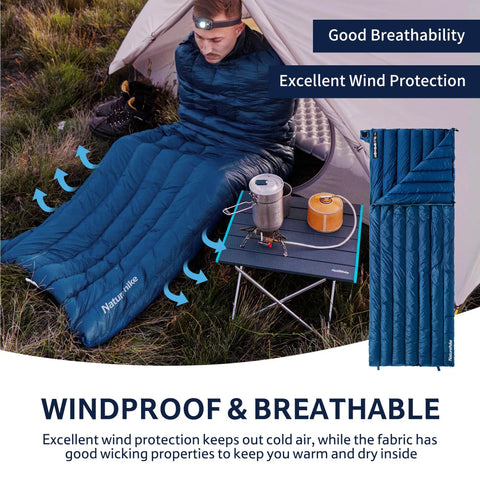 Ultralight RDS Down Sleeping Bag for Adults, 650 Fill Power, in use while camping, showing windproof and breathable features