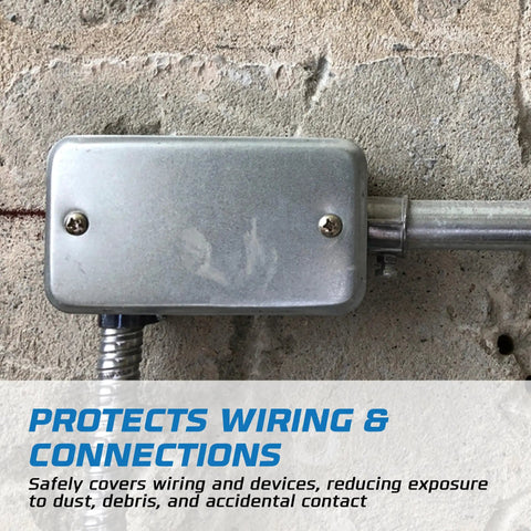 Installed 4x2 Electrical Junction Boxes With Blank Covers Built Tough on concrete, showing heavy-duty galvanized steel construction.